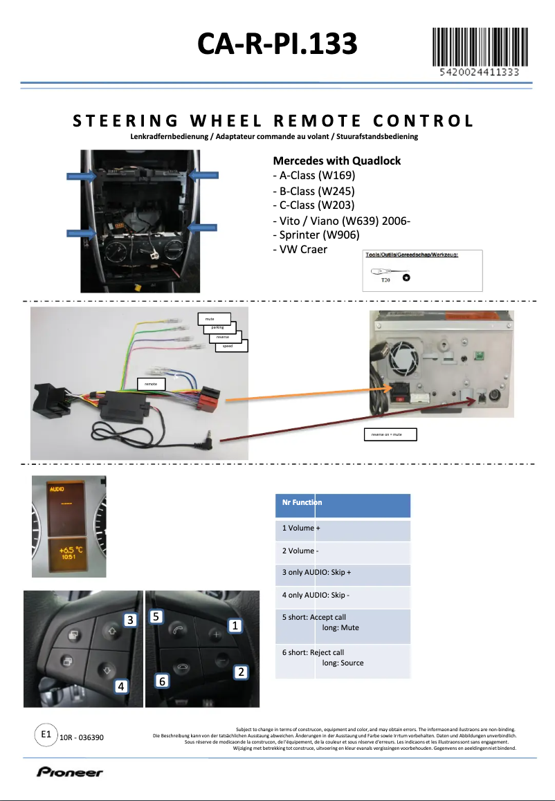 Page 1 de la notice Manuel utilisateur Pioneer CA-R-PI.133