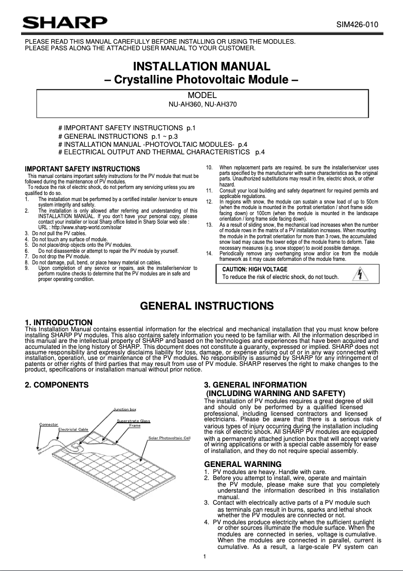 Page 1 de la notice Manuel utilisateur Sharp NU-AH360