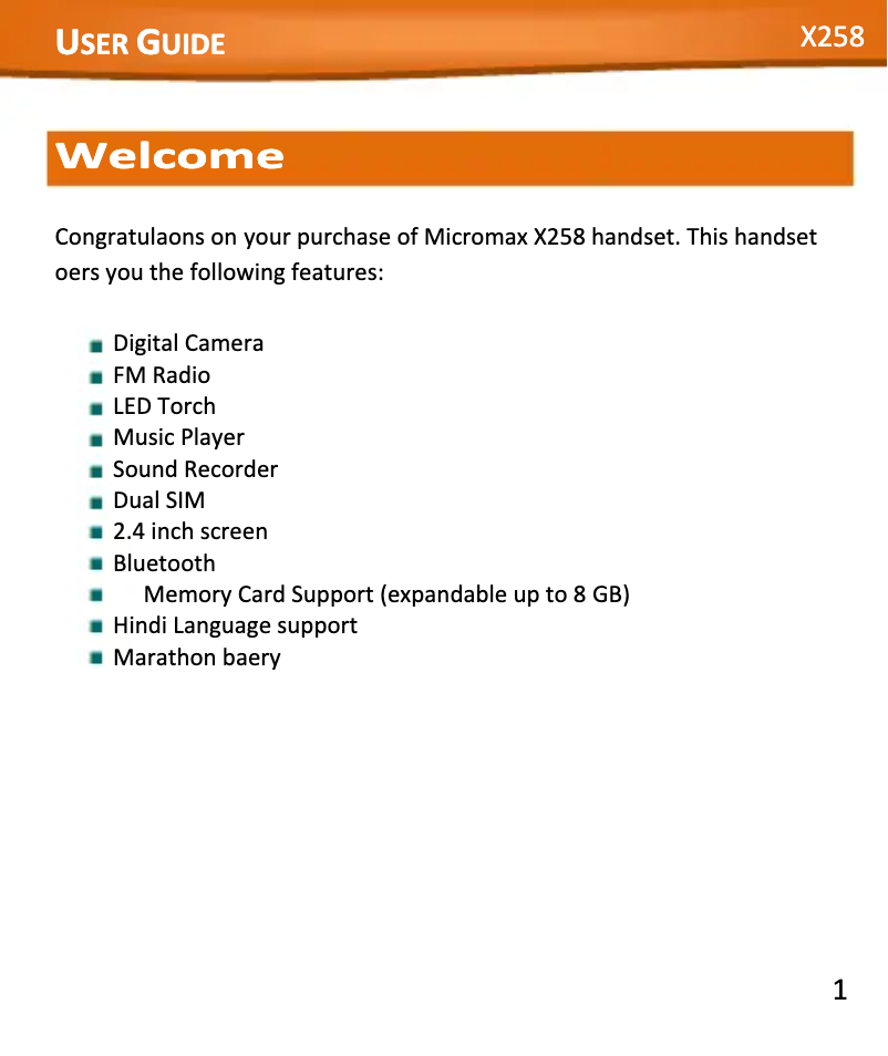 Page 1 de la notice Manuel utilisateur Micromax X258
