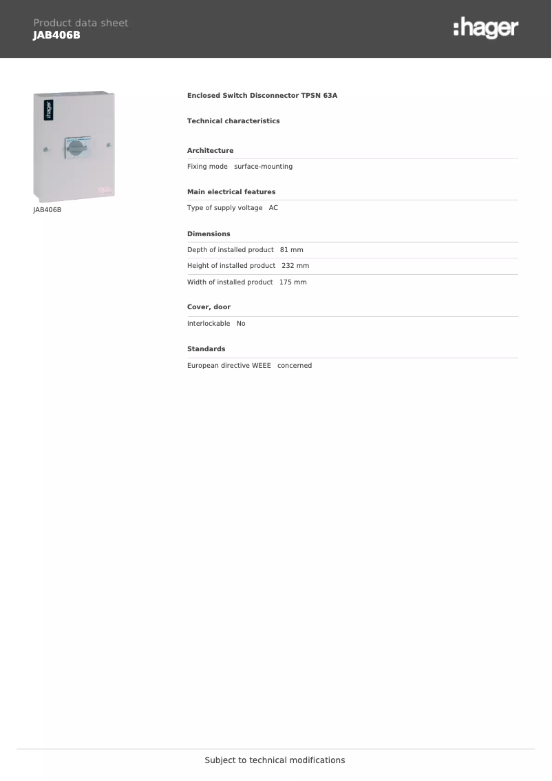 Page 1 de la notice Manuel utilisateur Hager JAB406B