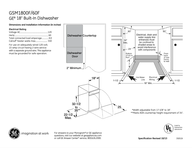 Page 1 of the manual Technical Sheet GE GSM1800FWW