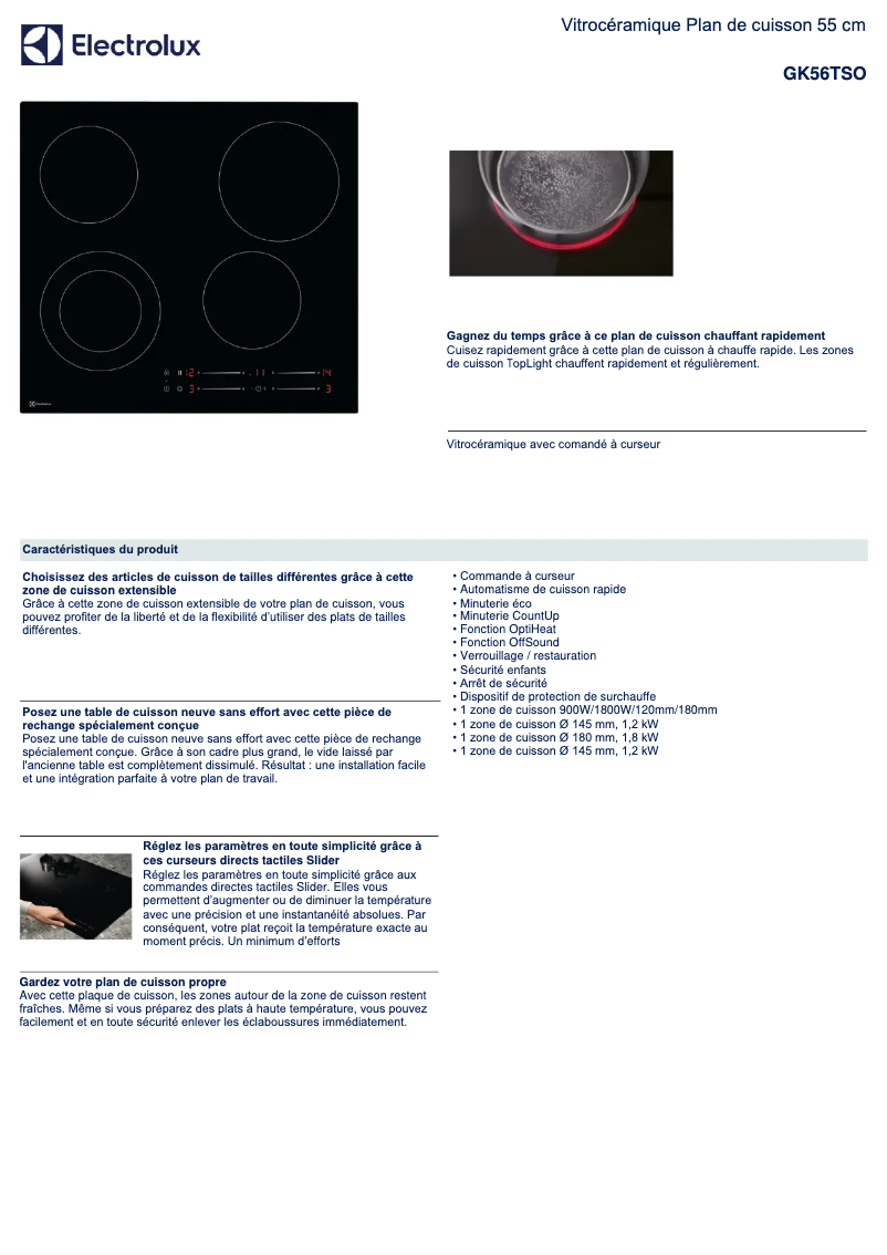 Page 1 de la notice Fiche technique Electrolux GK56TSO