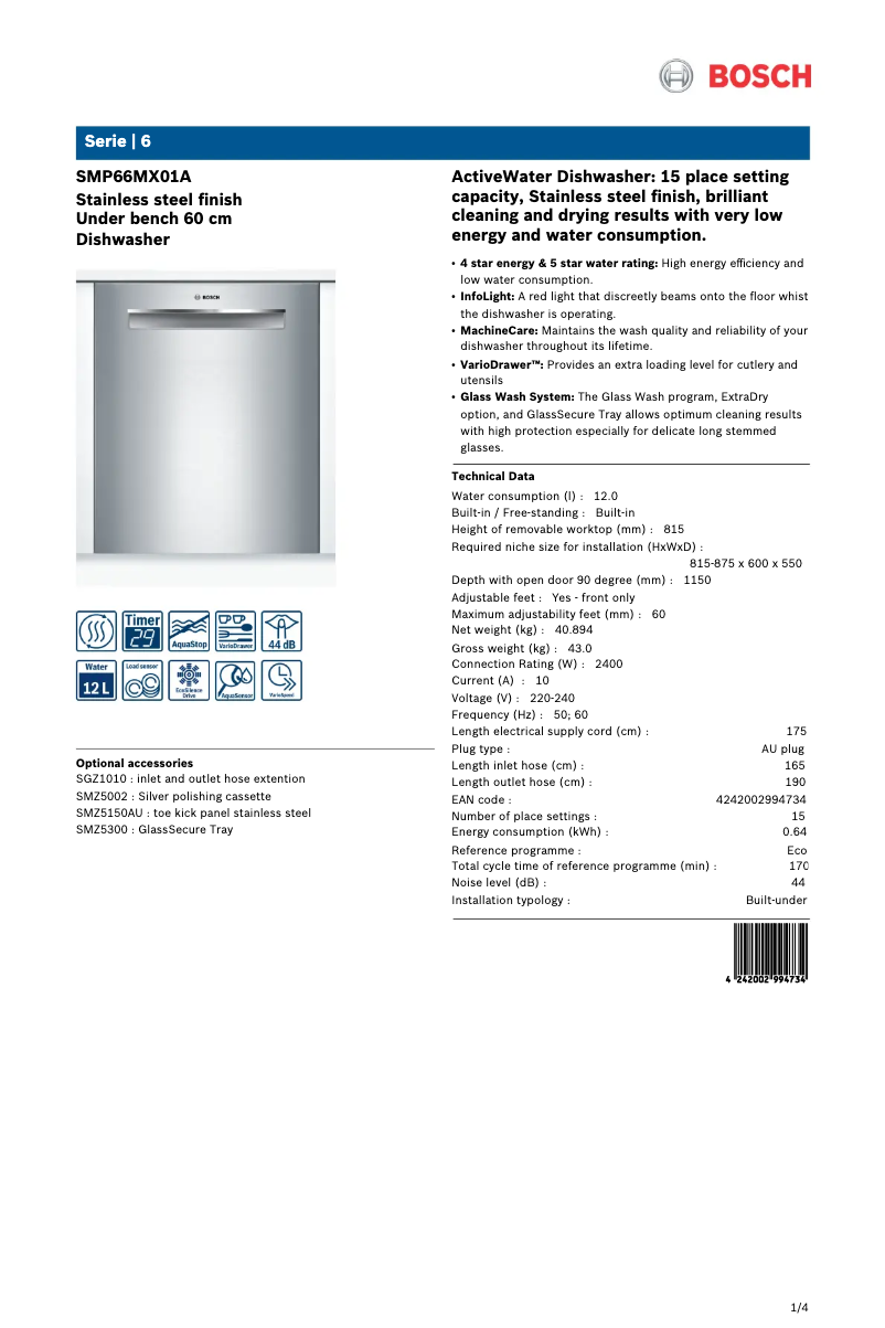 Página 1 del manual Ficha técnica Bosch SMP66MX01A