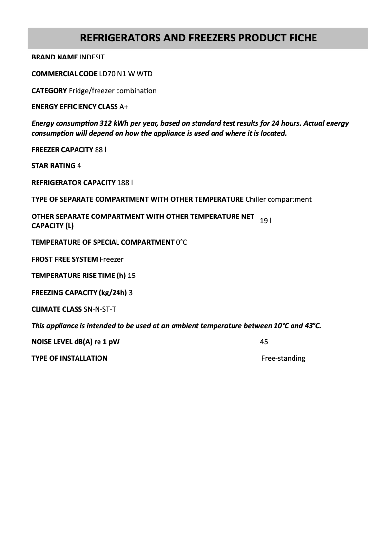Page 1 de la notice Manuel utilisateur Indesit LD70 N1 W WTD