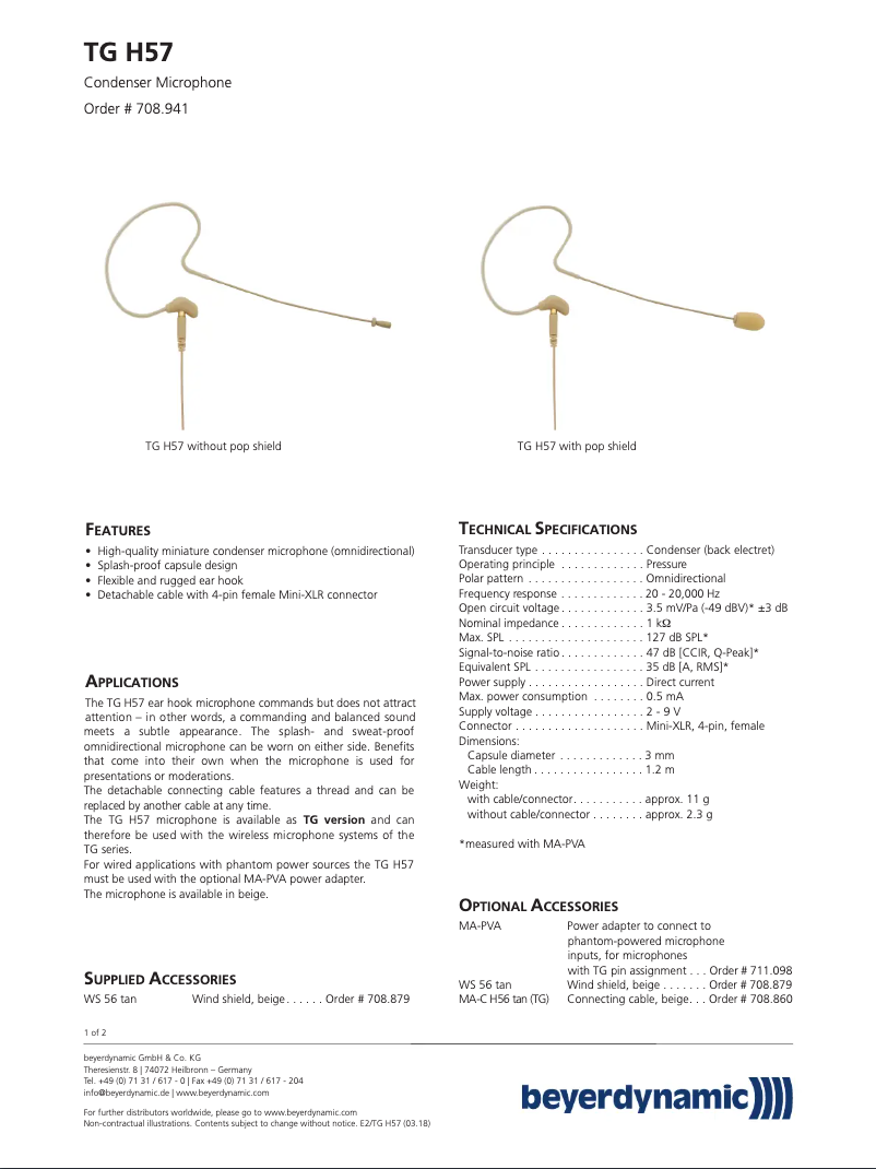 Page n°1 - Fiche technique Beyerdynamic TG H57