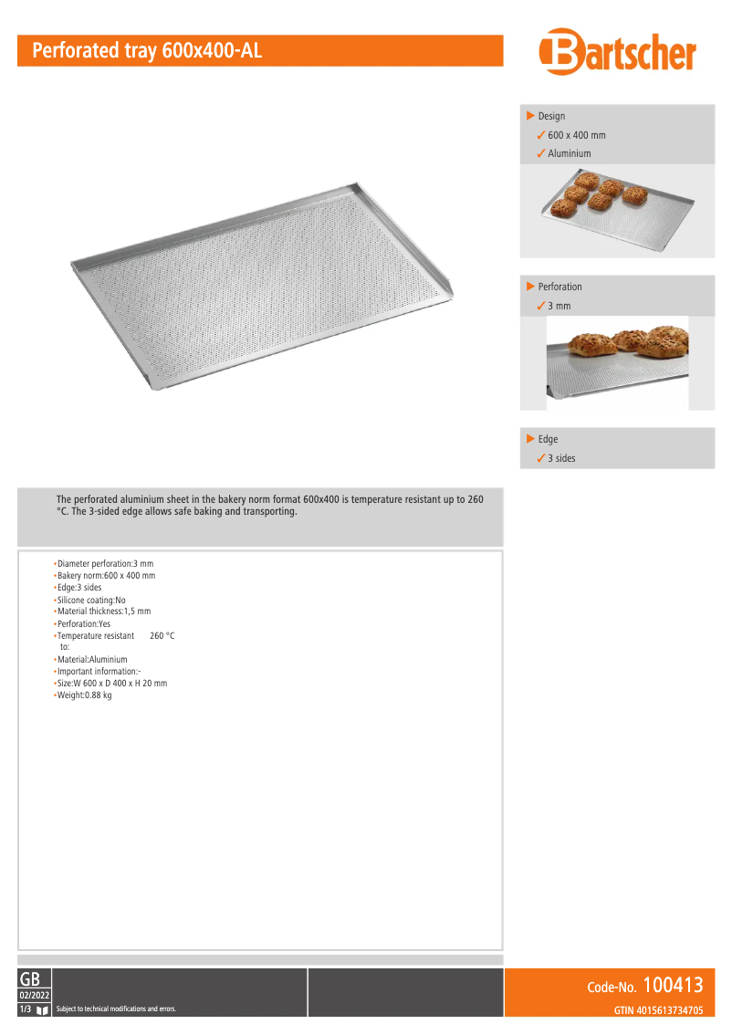 Page 1 de la notice Fiche technique Bartscher 100413