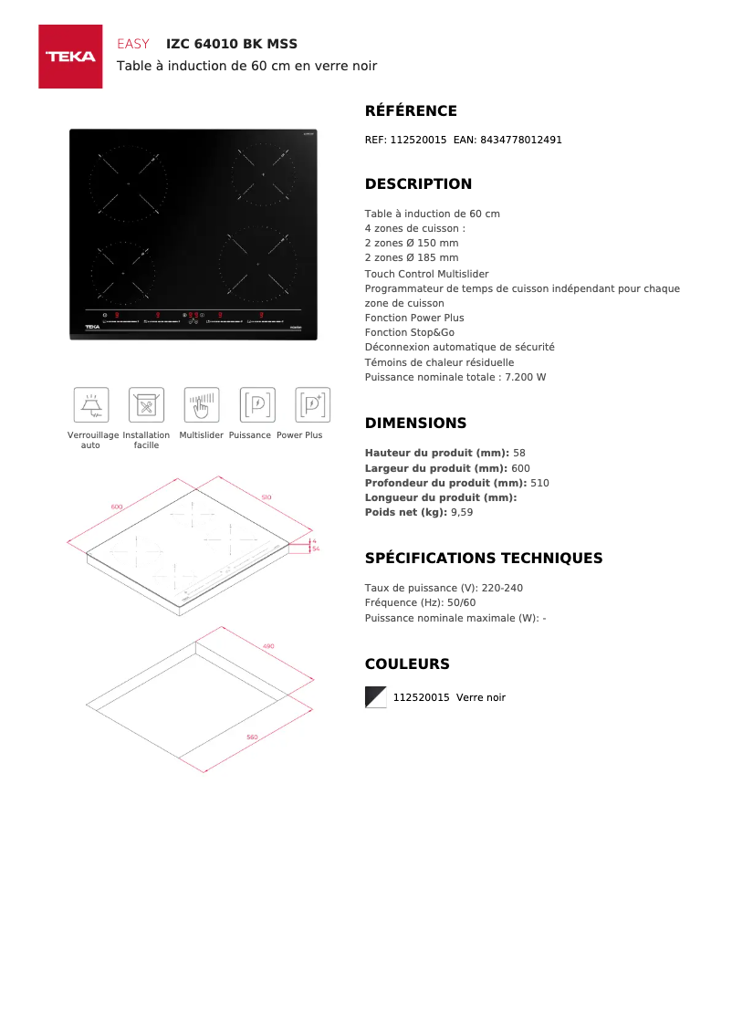Page n°1 - Fiche technique Teka IZC 64010 MSS