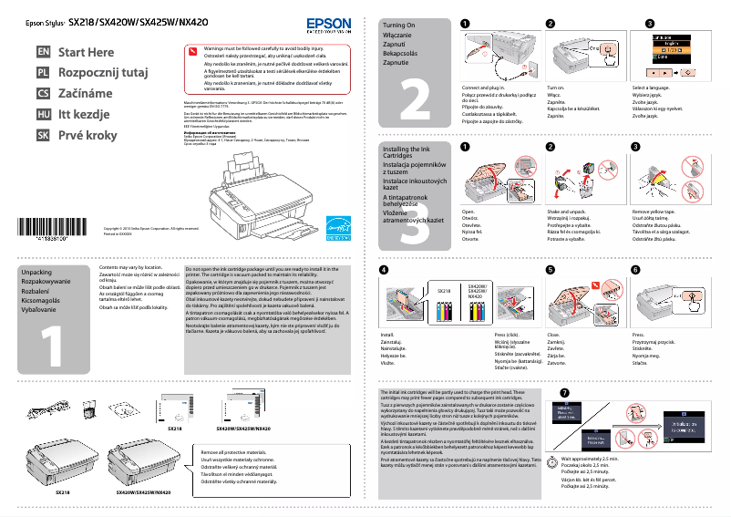Page n°1 - Guide d'installation Epson Stylus SX425W
