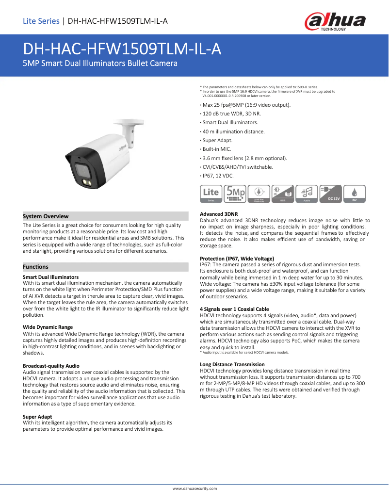 Page 1 de la notice Fiche technique Dahua Technology HAC-HFW1509TLM-IL-A