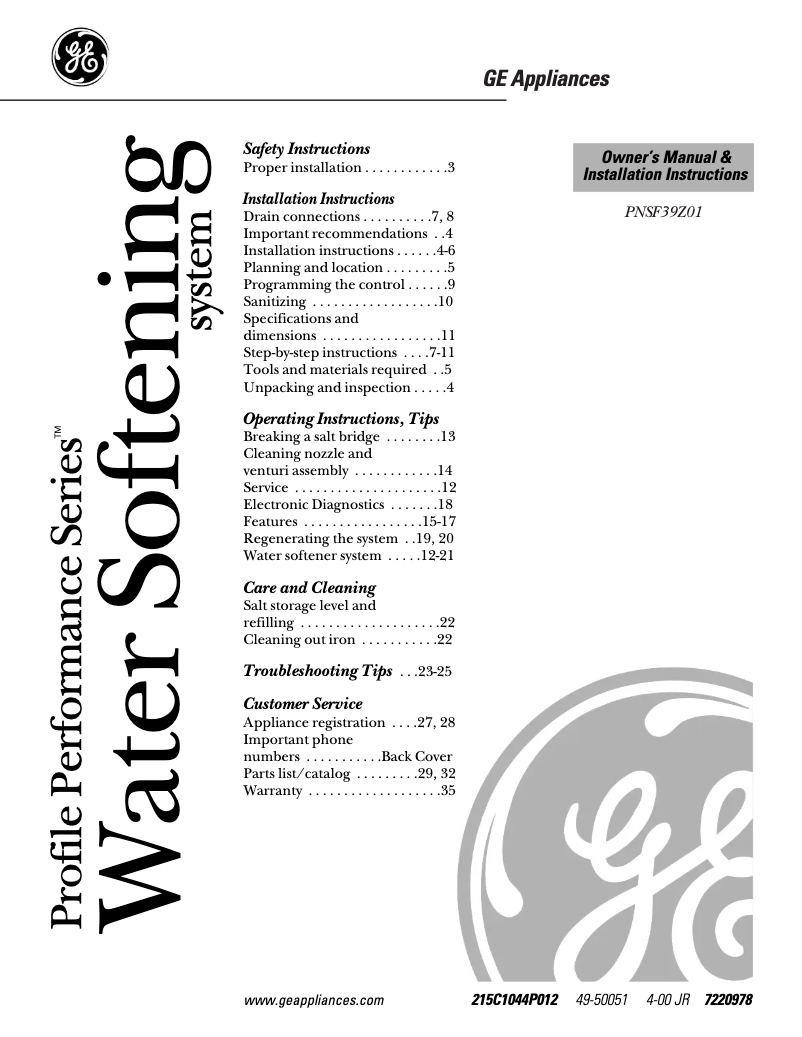 Page 1 de la notice Manuel d'utilisation et d'entretien GE Profile PNSF39Z