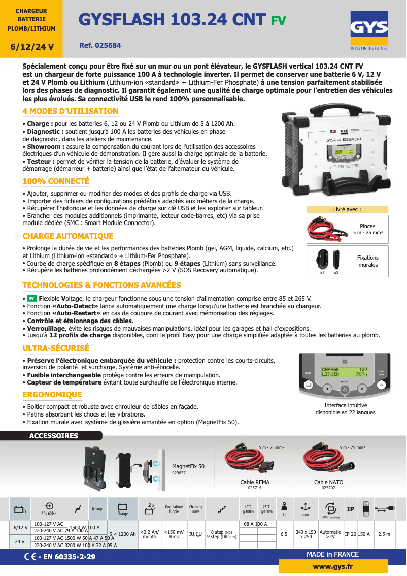 Page 1 de la notice Fiche technique GYS Gysflash 103.24 CNT FV