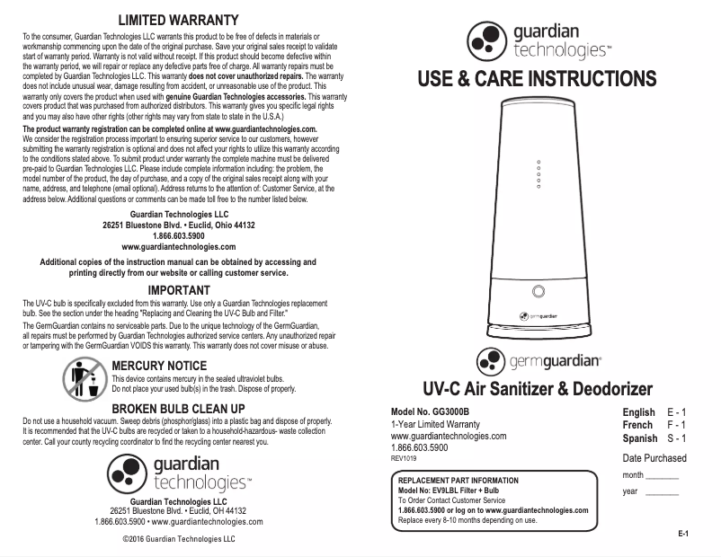 Page n°1 - Manuel utilisateur Guardian GG3000B