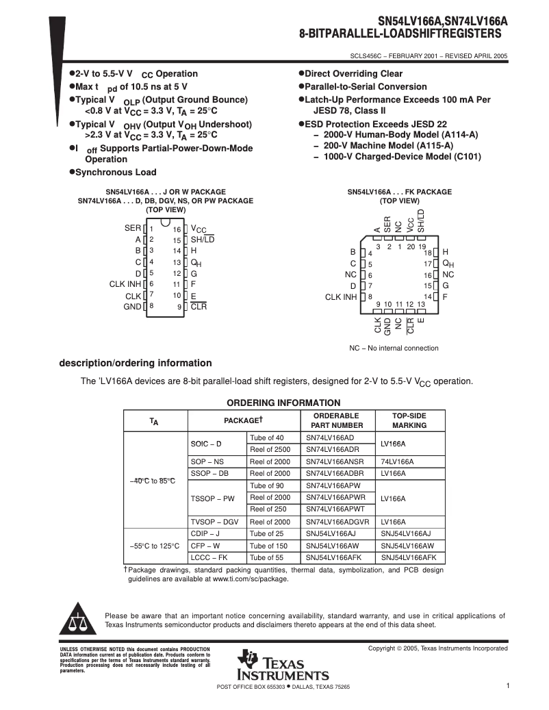 Page 1 de la notice Manuel utilisateur Texas Instruments SN74LV166ADR