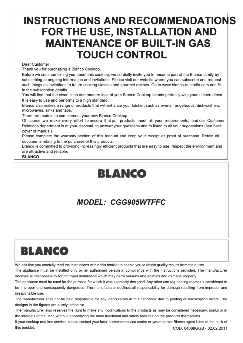 Page 1 de la notice Manuel utilisateur BLANCO CGG905WTFFC
