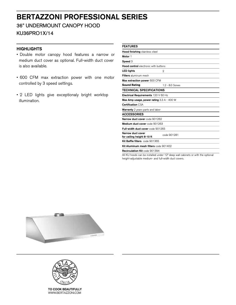 Page 1 de la notice Manuel utilisateur Bertazzoni KU36PRO1X