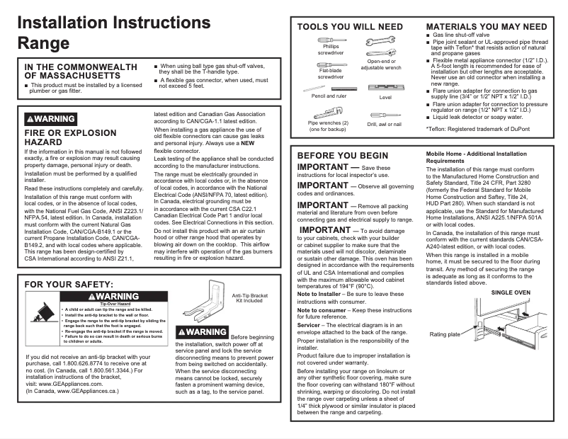 Page n°1 - Guide d'installation GE JGBS10DEMWW