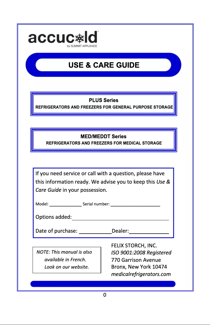 Page 1 de la notice Manuel d'utilisation et d'entretien Summit Accucold FF511LBI7MED