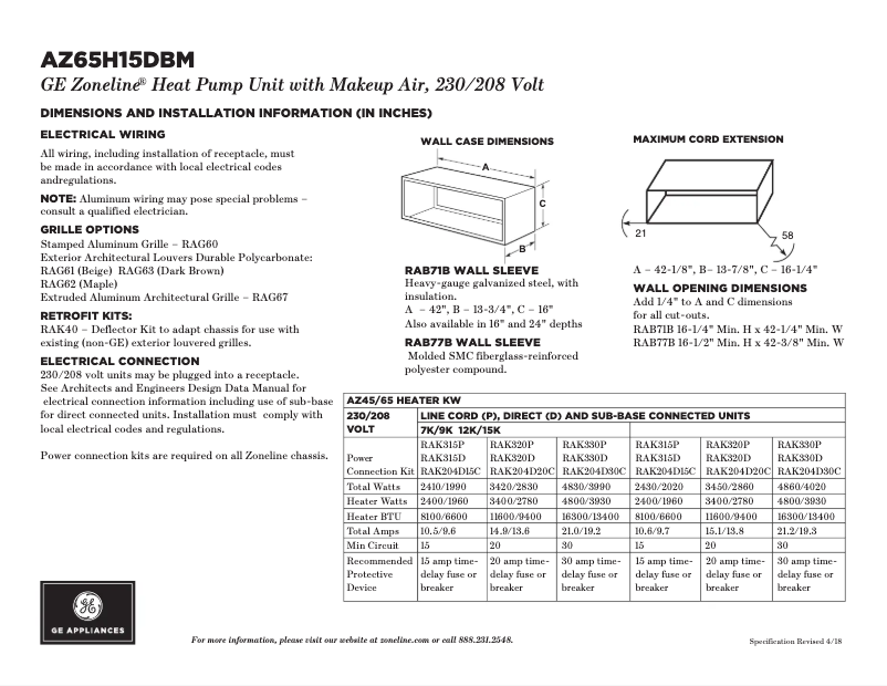 Page n°1 - Fiche technique GE AZ65H15DBM
