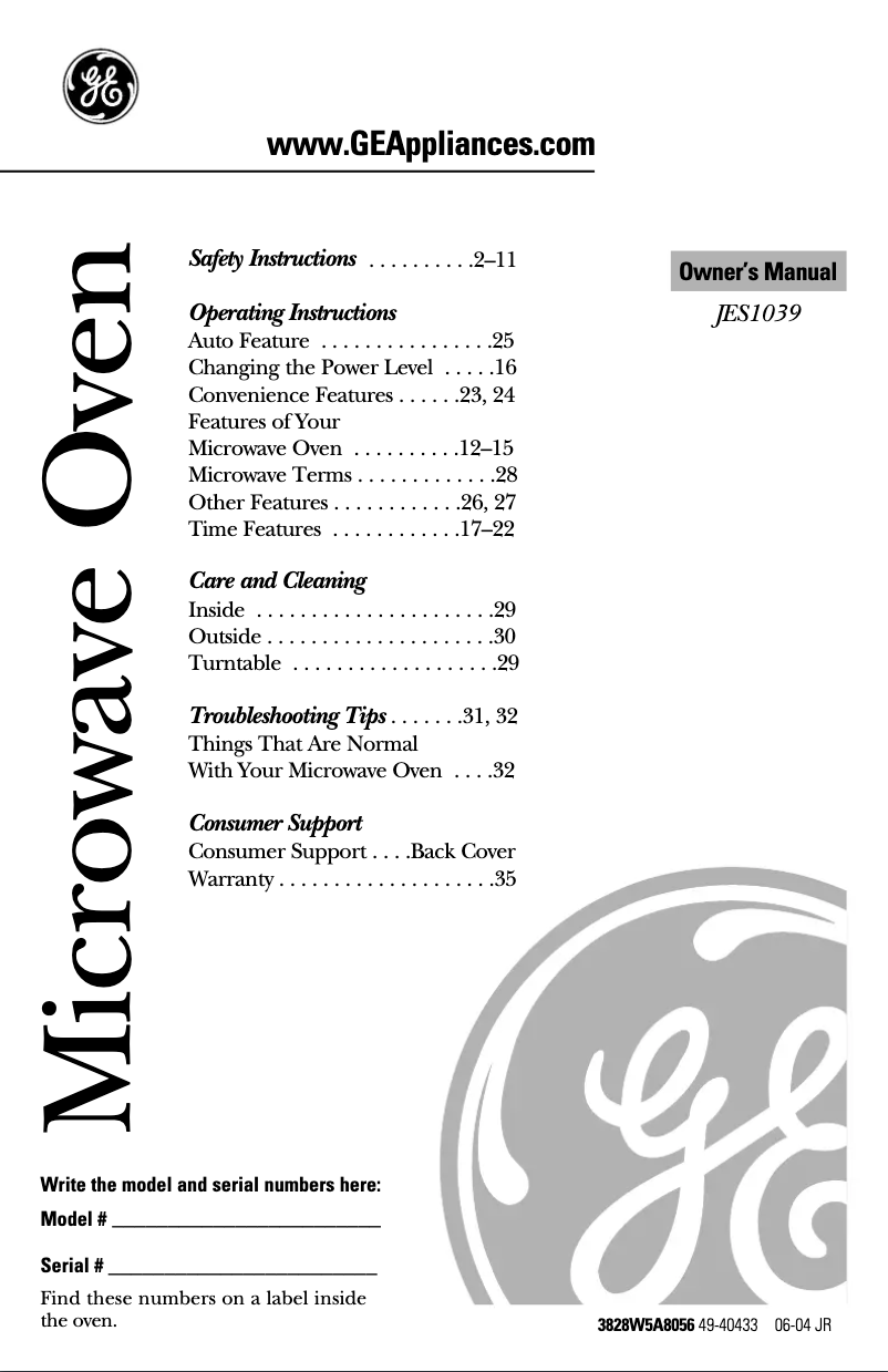 Image de la première page du manuel de l'appareil JES1039WJ