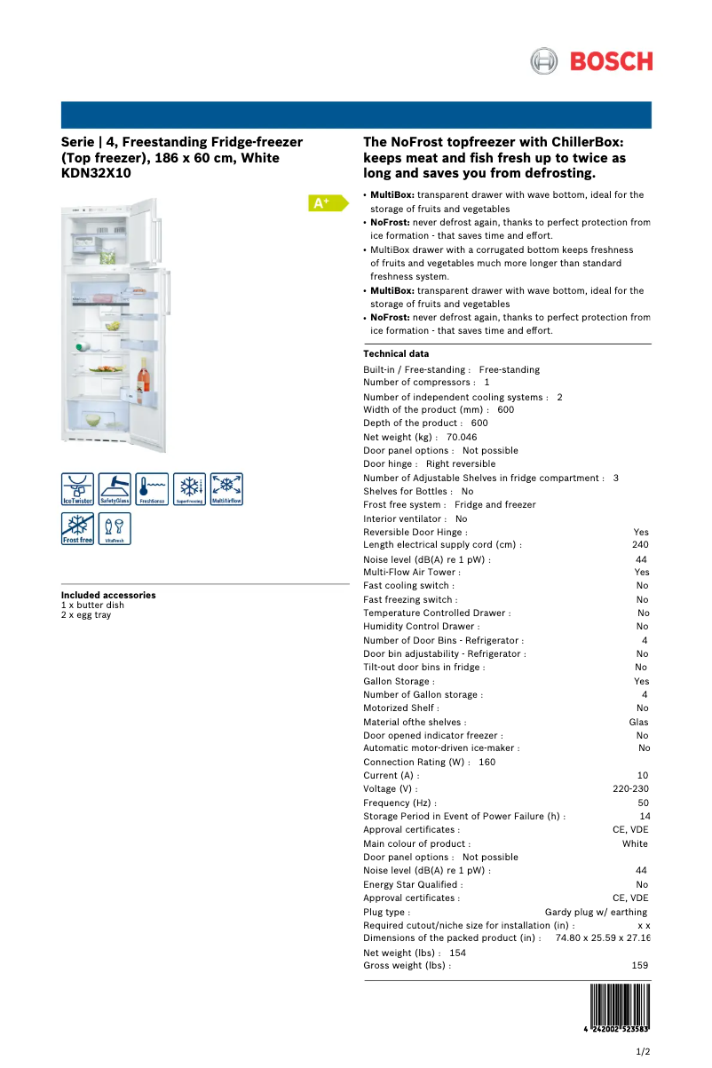 Page n°1 - Fiche technique Bosch KDN32x10
