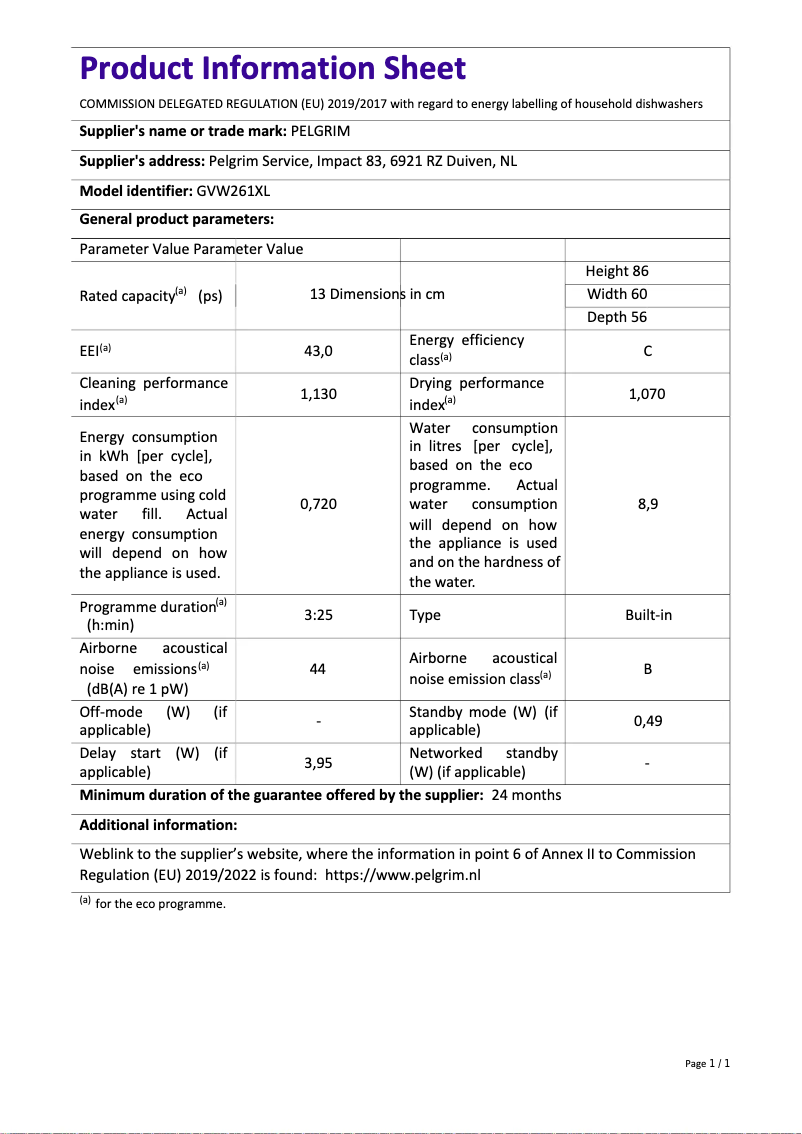 Page 1 de la notice Fiche technique Pelgrim GVW261XL