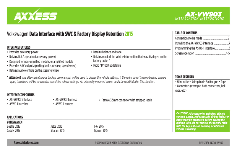 Page 1 de la notice Manuel utilisateur AXESS AX-VW903