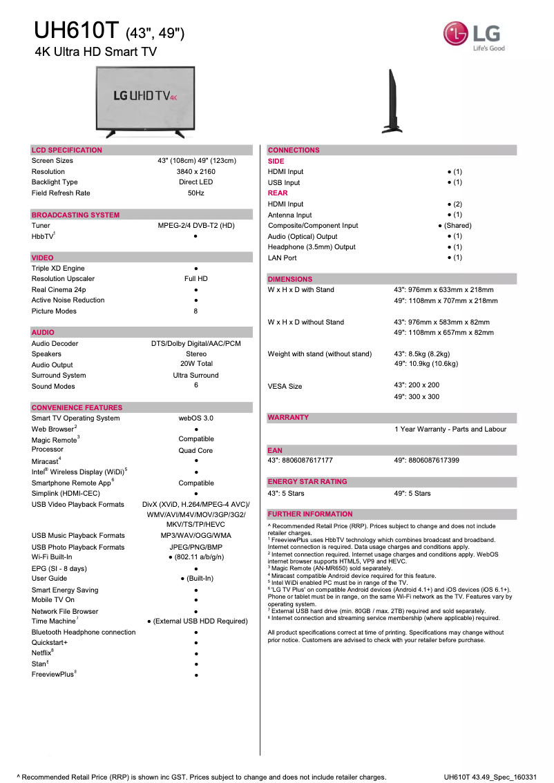 Página 1 del manual Ficha técnica LG 49UH610T