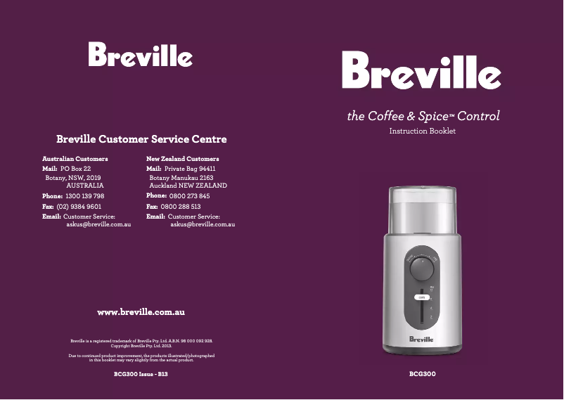 Page 1 de la notice Manuel utilisateur Breville the Coffee & Spice Control BCG300