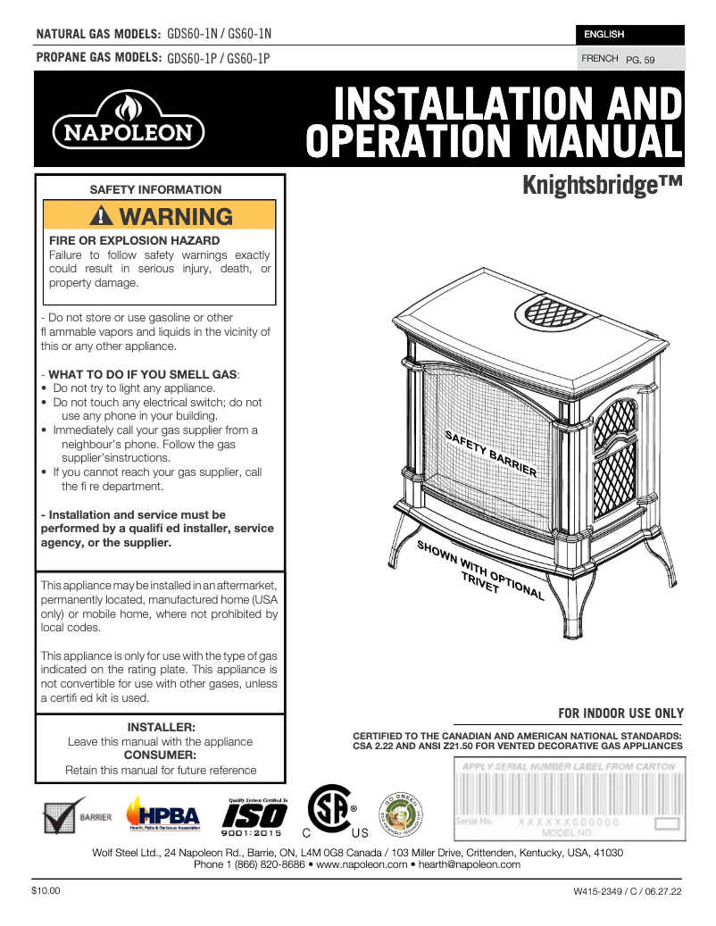 Image de la première page du manuel de l'appareil Knightsbridge GDS60