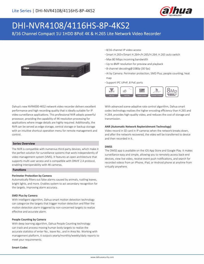 Page n°1 - Fiche technique Dahua Technology NVR4108-8P-4KS2