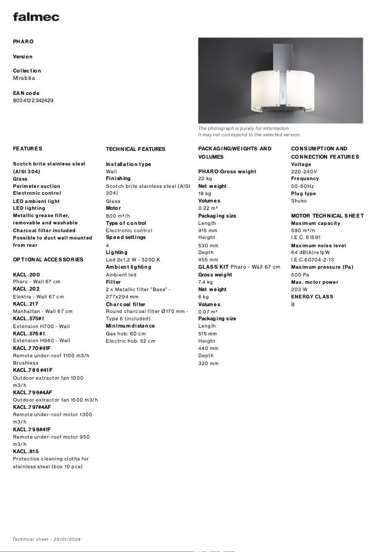 Page n°1 - Fiche technique Falmec Pharo