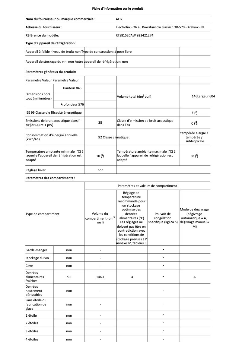 Page 1 de la notice Fiche technique AEG RTS815ECAW