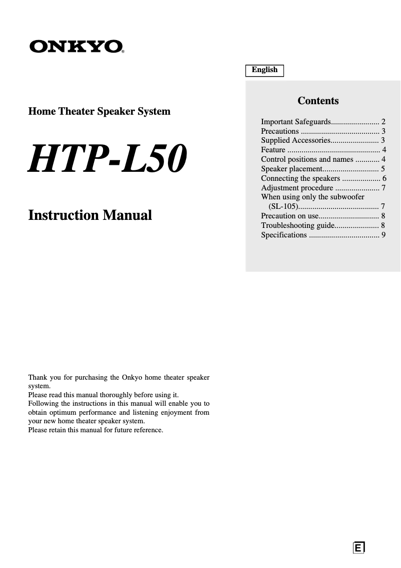 Page 1 de la notice Manuel utilisateur Onkyo HTP-L50