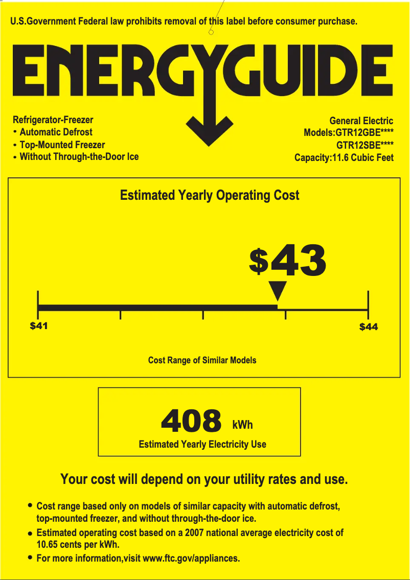 Page 1 de la notice Label énergétique GE GTR12SBESS