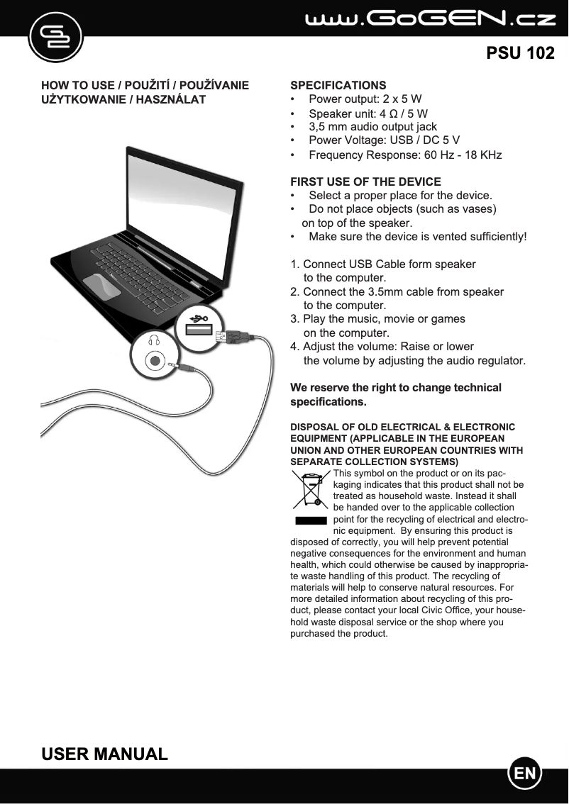 Page 1 de la notice Manuel utilisateur GoGen PSU102