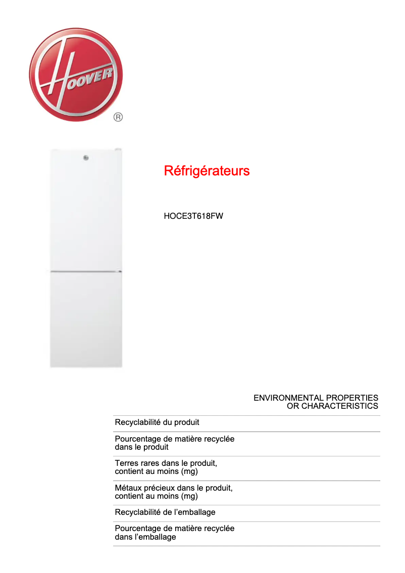 Page n°1 - Fiche technique Hoover HOCE3T618FW