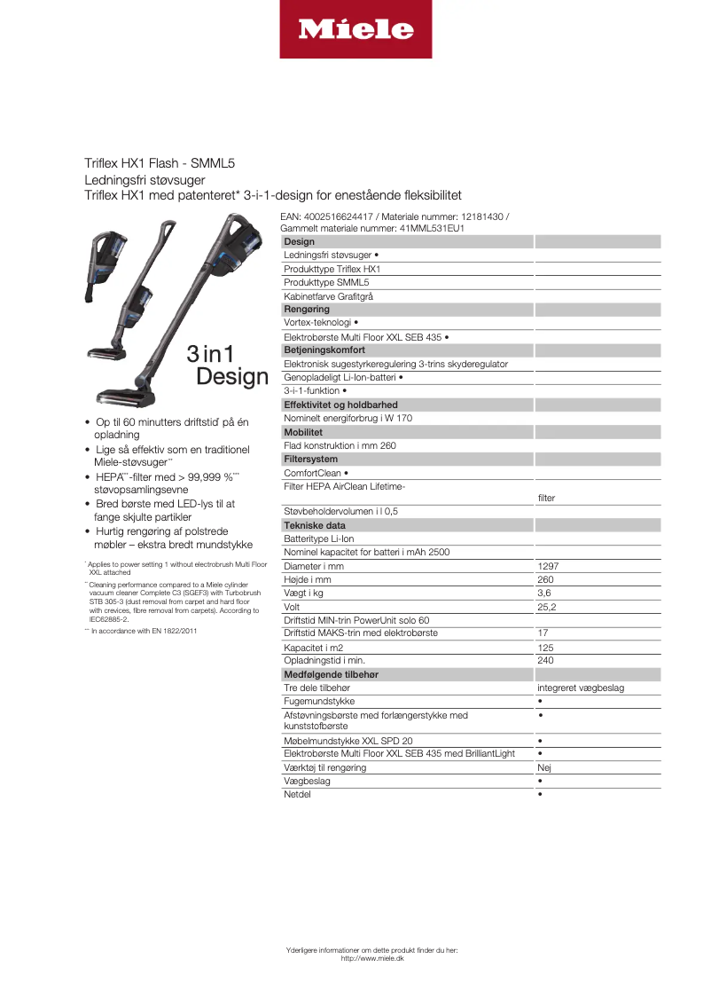Page 1 de la notice Fiche technique Miele Triflex HX1 Flash