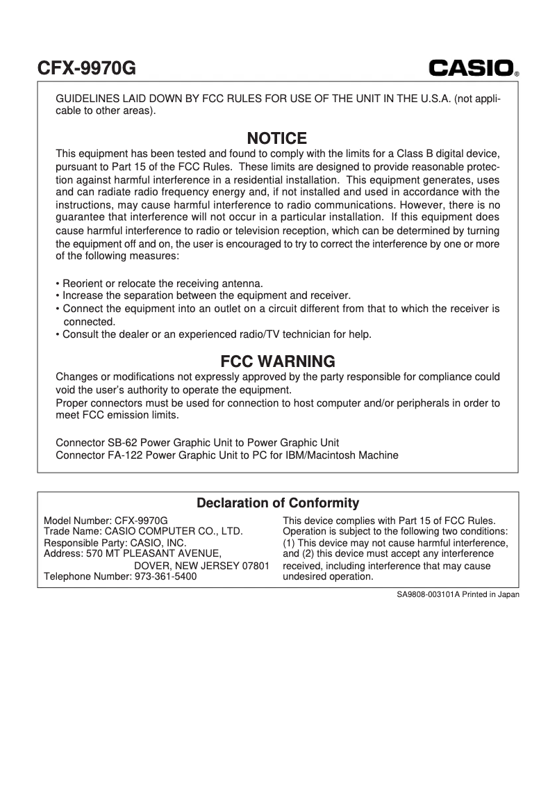 Page 1 de la notice Manuel utilisateur Casio CFX-9970G