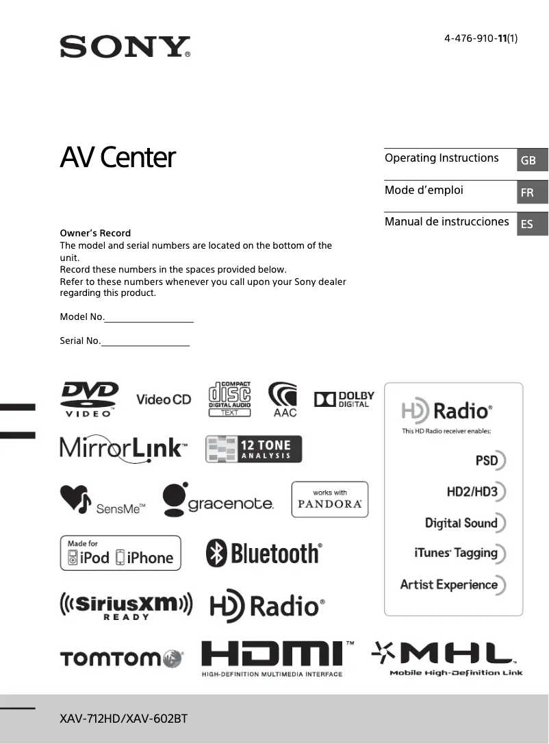 Image de la première page du manuel de l'appareil XAV-712HD