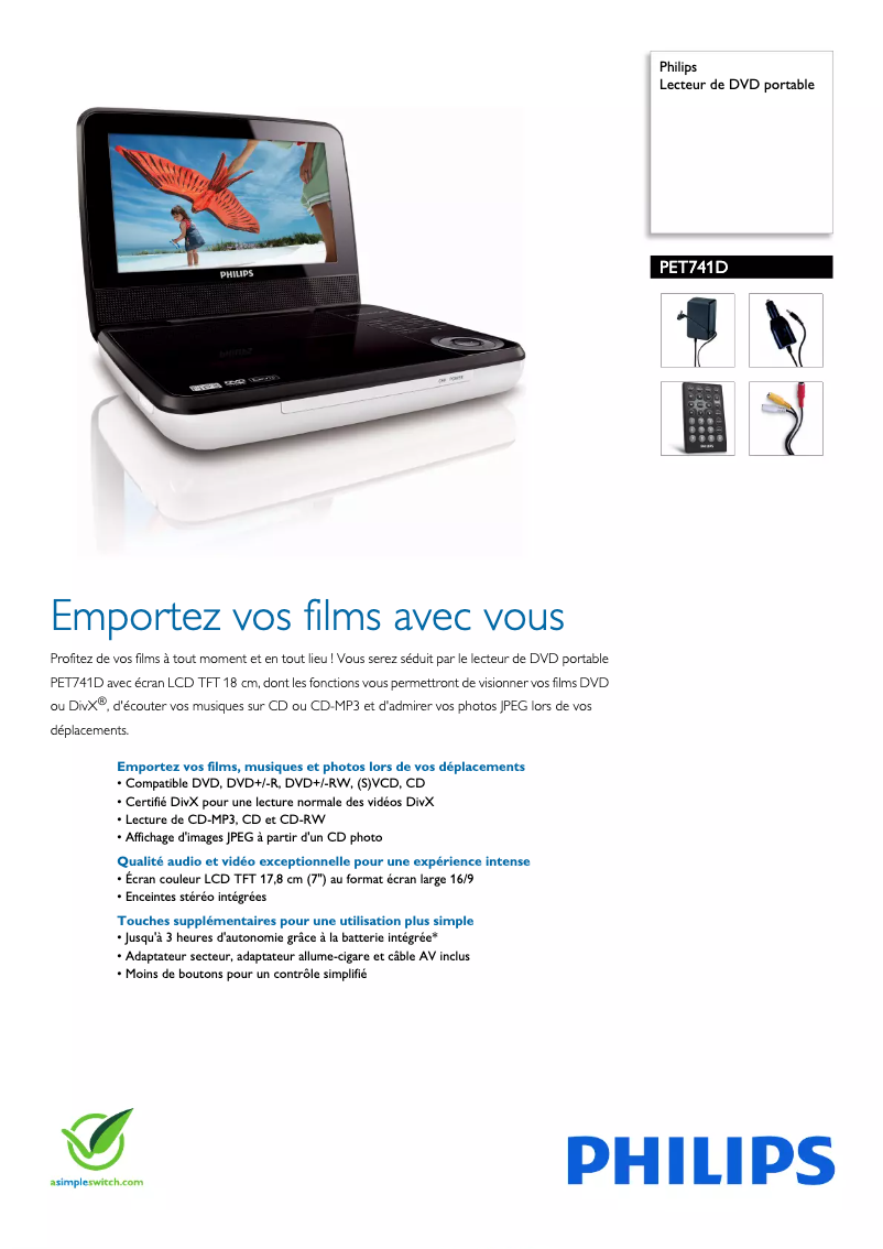 Página 1 del manual Ficha técnica Philips PET741D