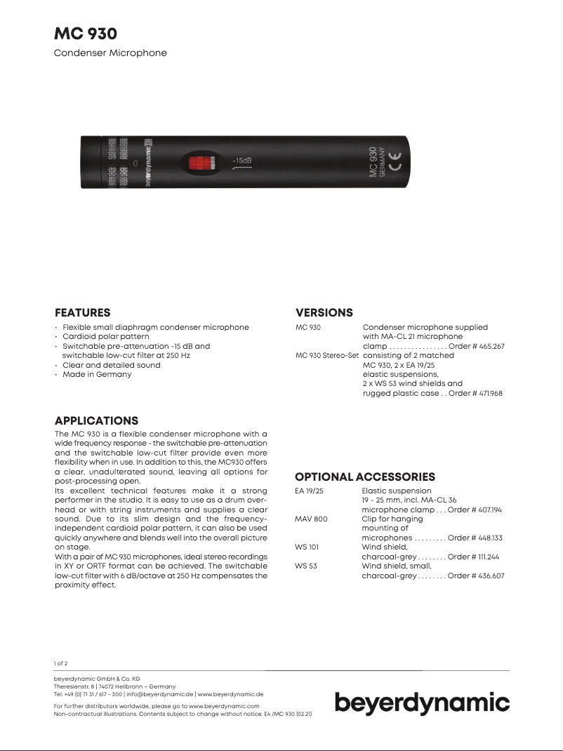 Page n°1 - Fiche technique Beyerdynamic MC 930