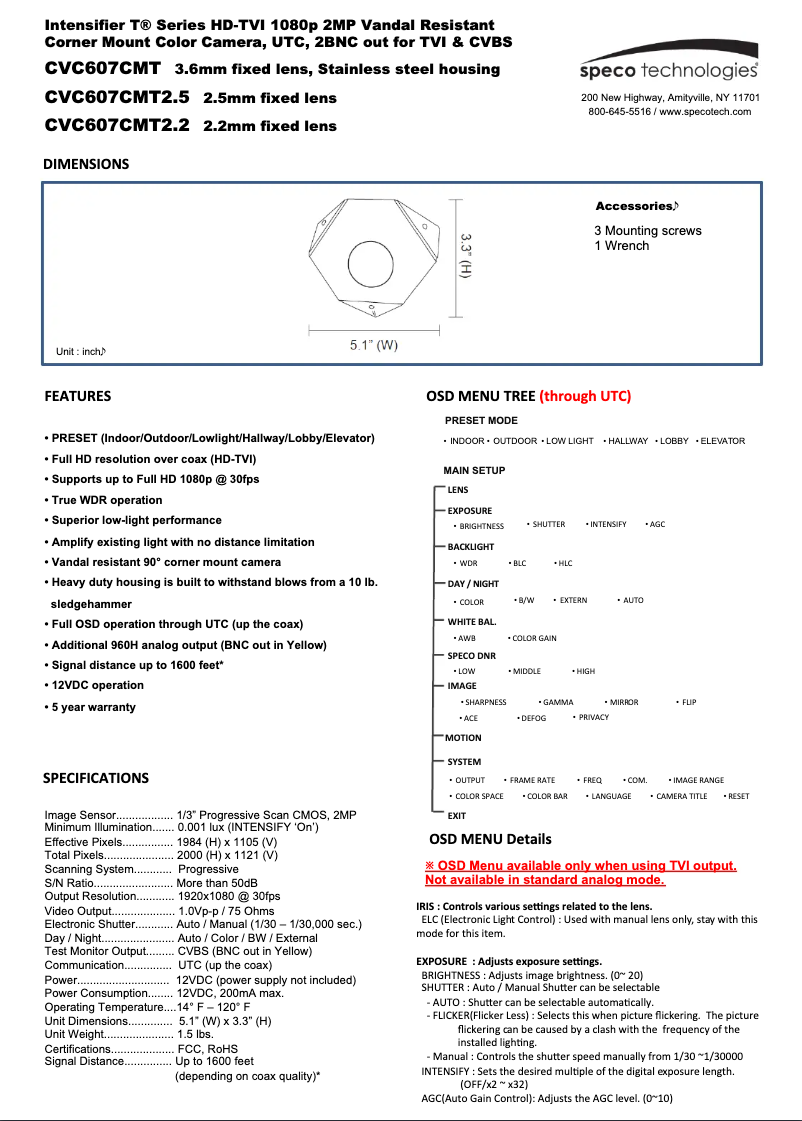 Page 1 de la notice Manuel utilisateur Speco Technologies CVC607CMT