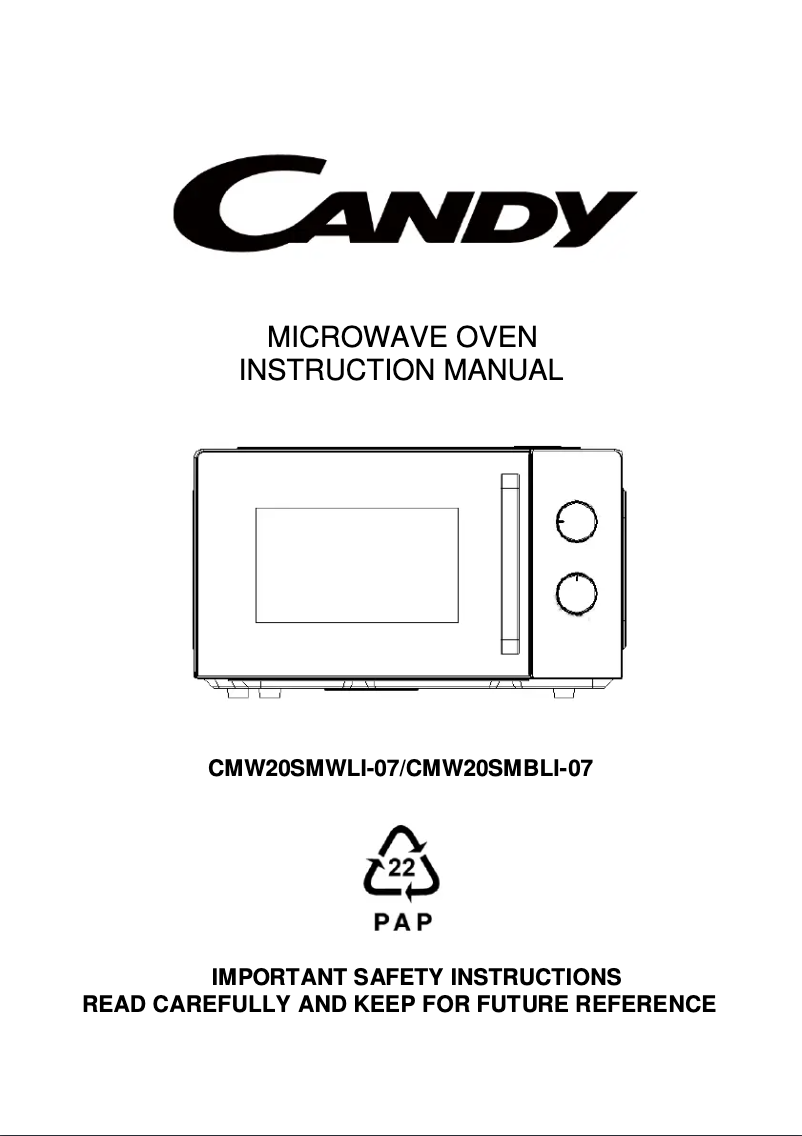 Page n°1 - Manuel utilisateur Candy CMW20SMWLI-07