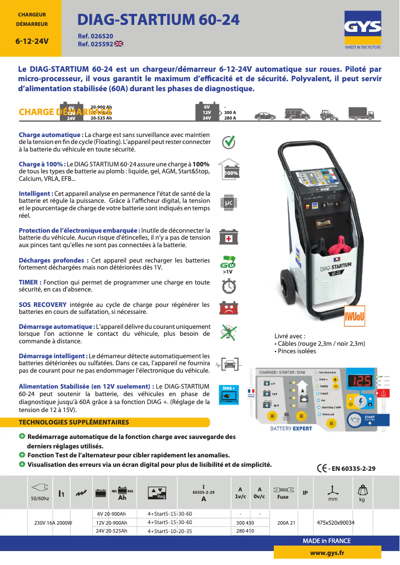 Page 1 de la notice Fiche technique GYS Diag-Startium 60-24
