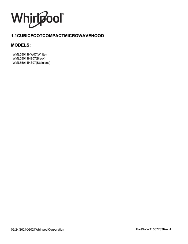 Page 1 de la notice Guide d'installation Whirlpool WML55011HS