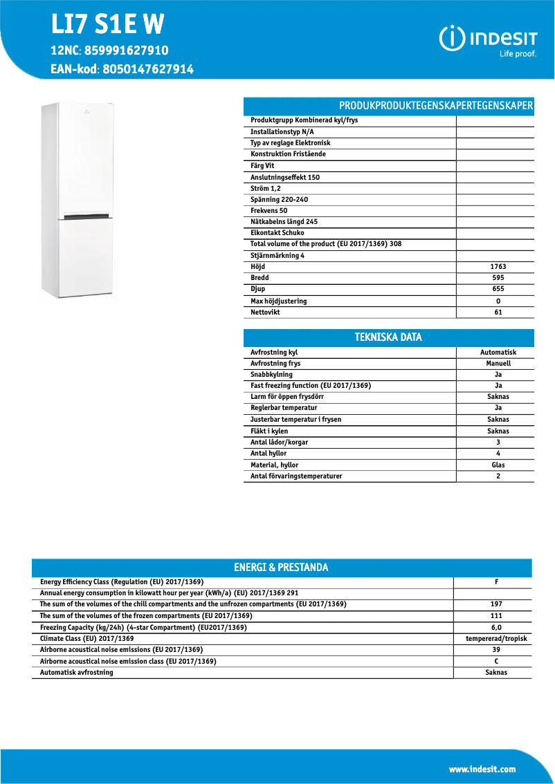 Page n°1 - Fiche technique Indesit LI7 S1E W
