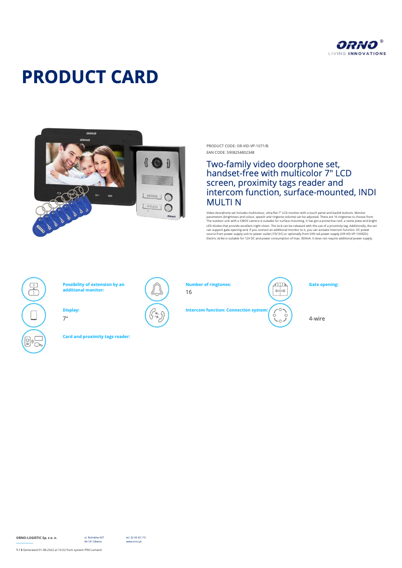 Page 1 de la notice Fiche technique ORNO OR-VID-VP-1071