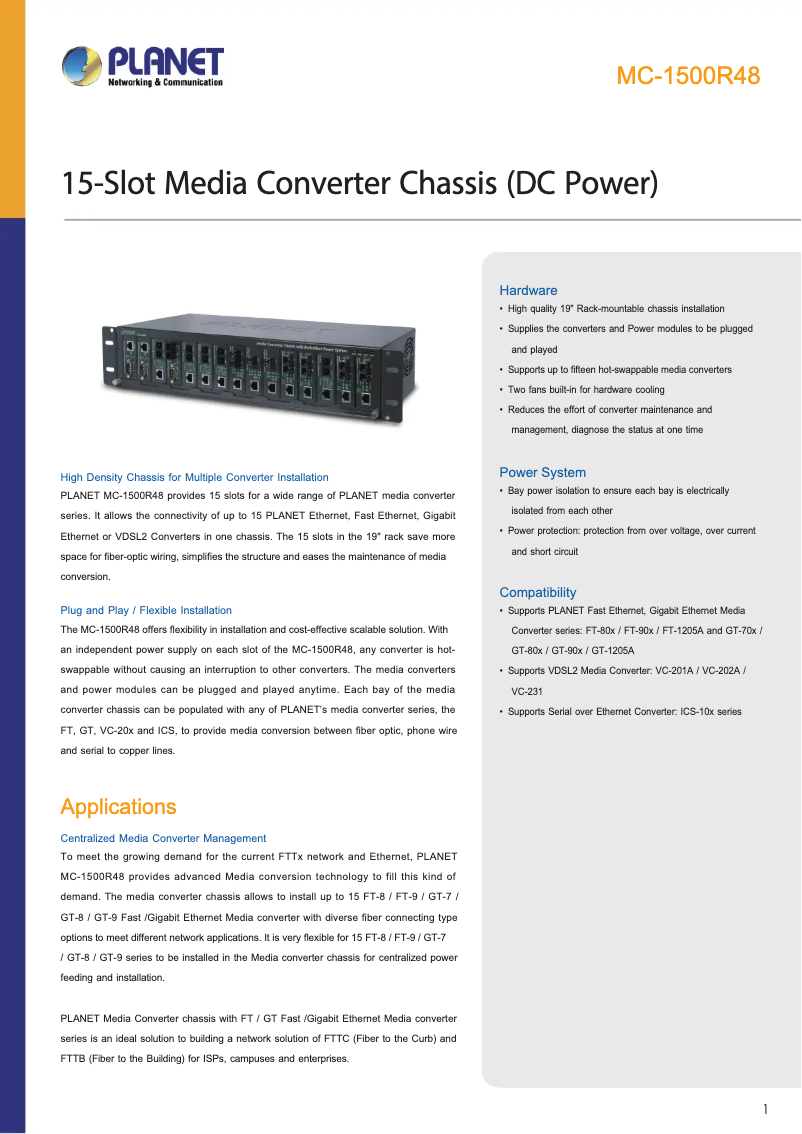 Page 1 de la notice Fiche technique Planet MC-1500R48