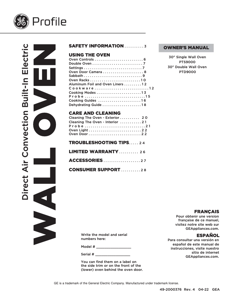 Page n°1 - Manuel d'utilisation et d'entretien GE PTD9000BNTS