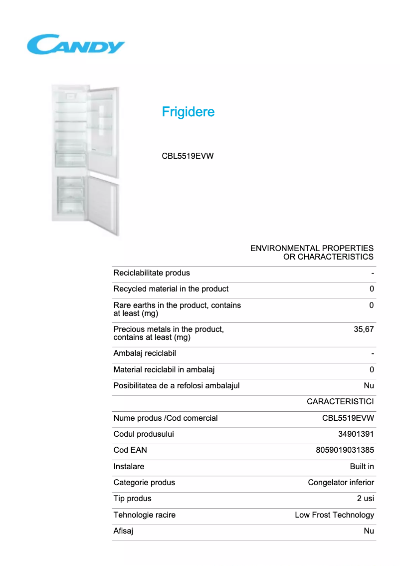 Page n°1 - Fiche technique Candy CBL5519EVW